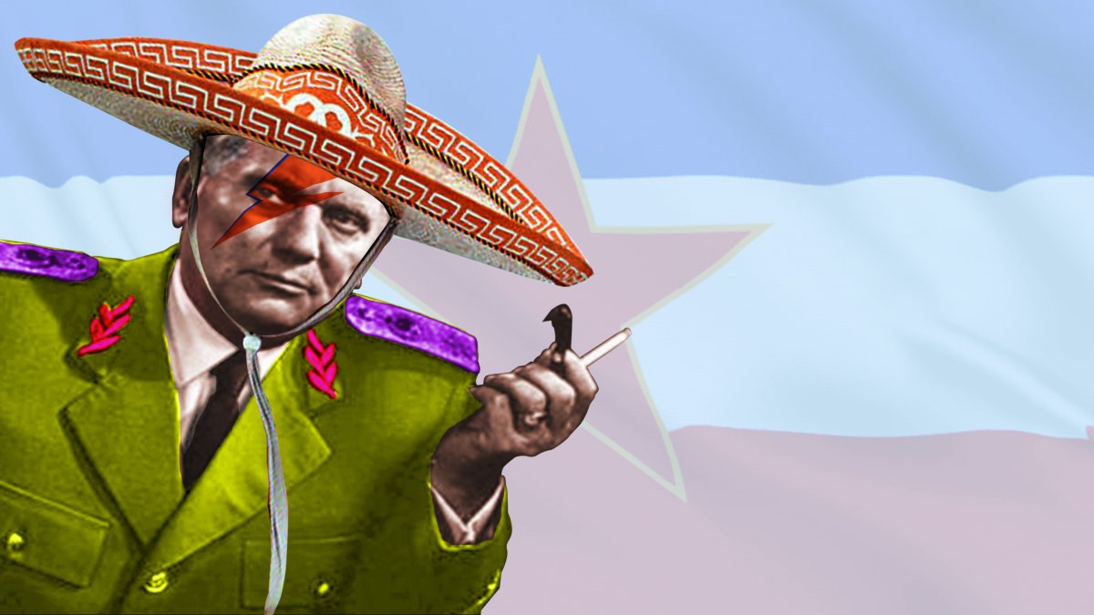 El dictador Josip Broz,  conocido como el mariscal Tito, en un montaje en el que luce un sombrero ranchero, en alusión a uno de los ritmos adoptados por la antigua Yugoslavia.