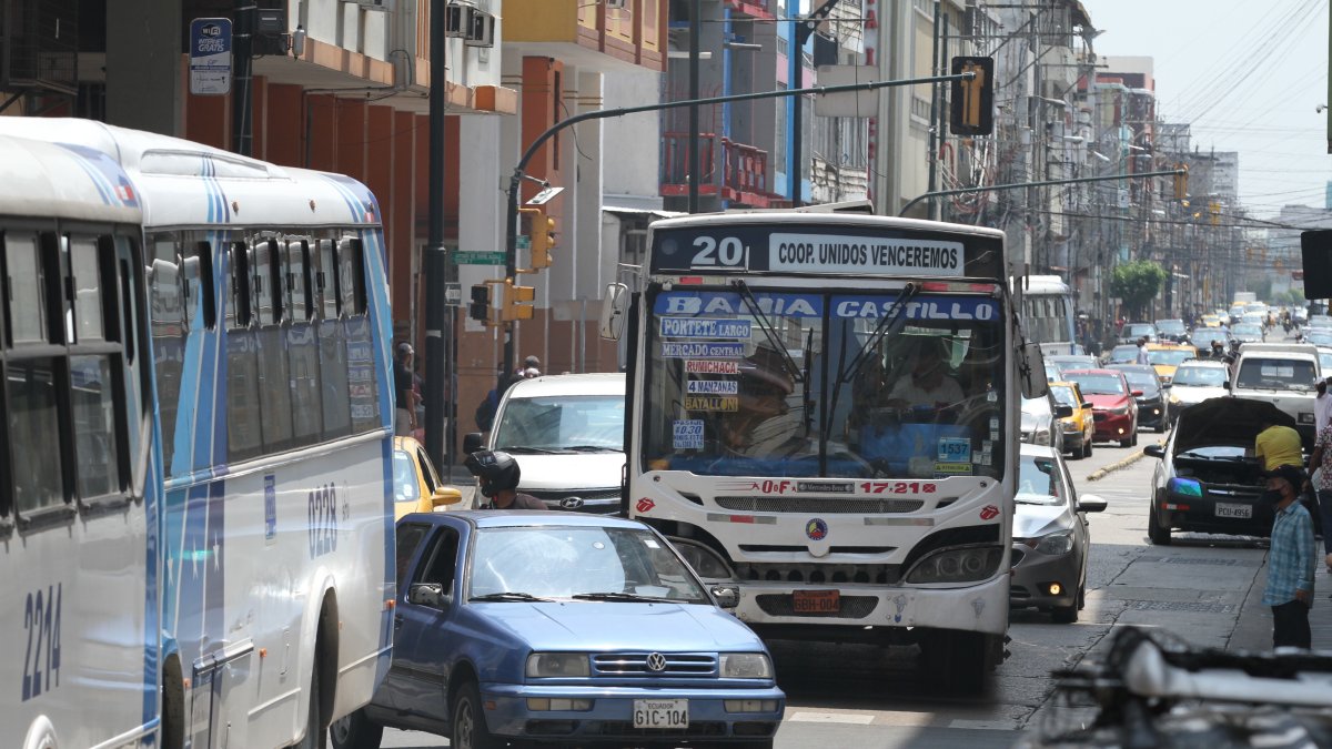 Agobio. Un conductor busca la manera de huir en pleno centro de Guayaquil, luego de que un conductor de bus, en plena vía, frene para dejar un pasajero y otro intente avanzar.