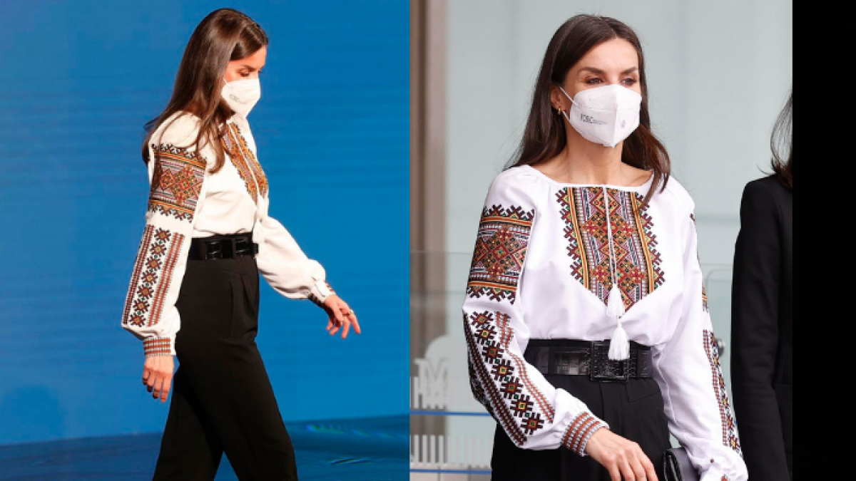 La reina Letizia luce una camisa realizada en Ucrania y adornada con sus tradicionales bordados.