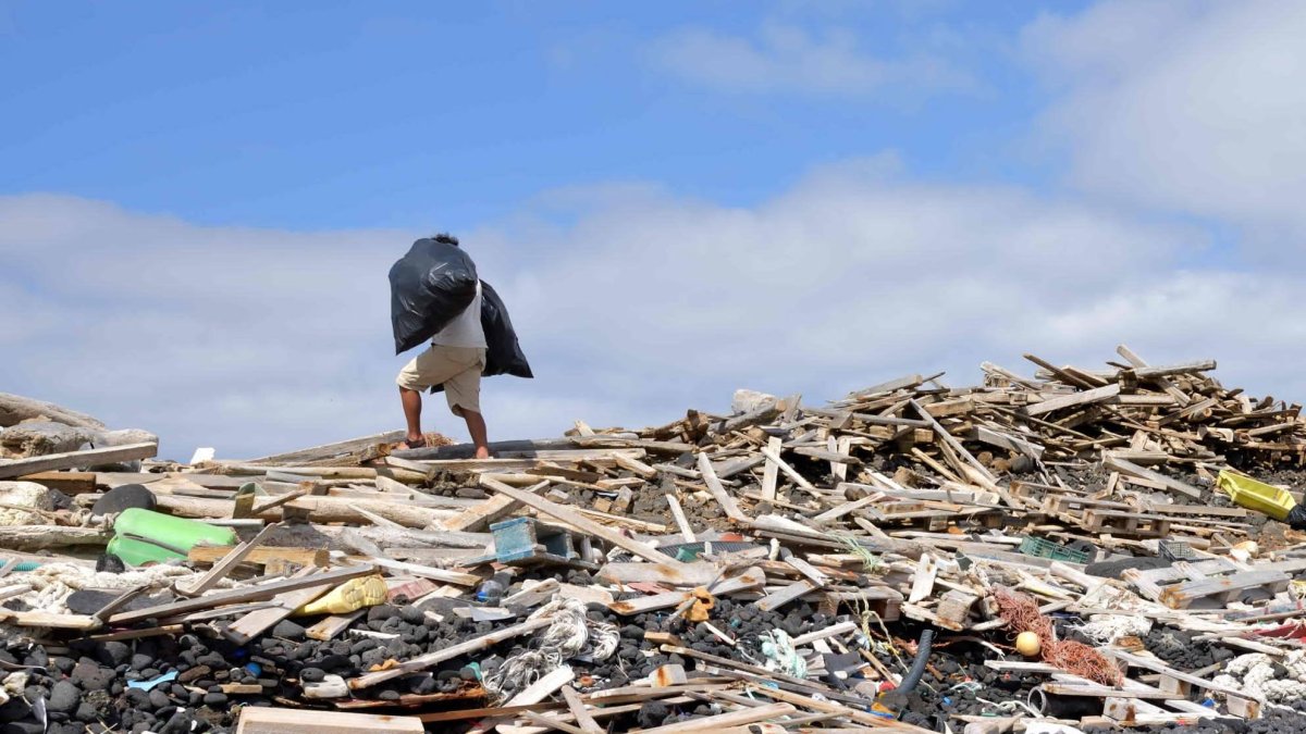 Un miembro del equipo recoge residuos en Caleta de Trillo, en el norte de Alegranza.