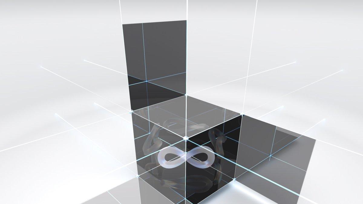 Interpretación artística de “La topología está en todas partes”. Las bandas de Mobius son visibles desde todos los ángulos del cubo, lo que representa la ubicuidad de las fases topológicas en los materiales de estado sólido.