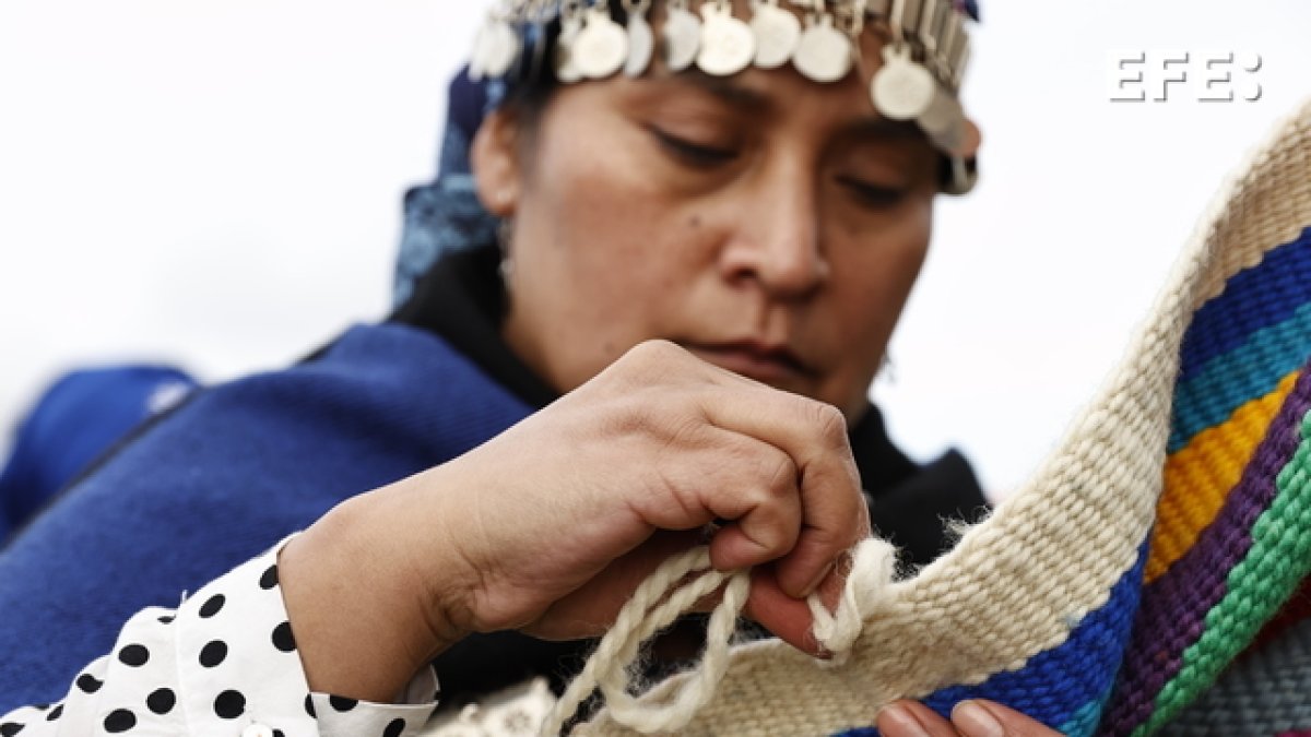 Tejedoras mapuche fueron registradas este domingo al trabajar en la elaboración de un telar de un kilómetro de largo