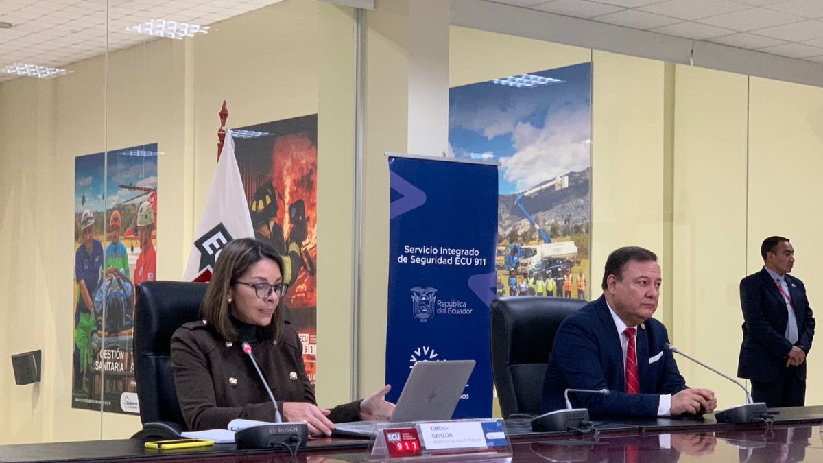 Rueda de prensa de las autoridades del COE Nacional en el ECU 911 en Quito.