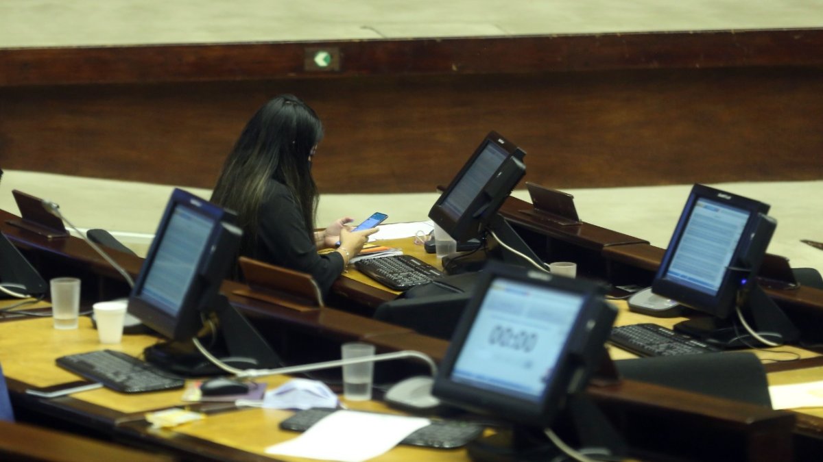 Asamblea. La legisladora Alterna, Emily Vera, actúa como principal hasta que Ronny Aleaga aparezca.