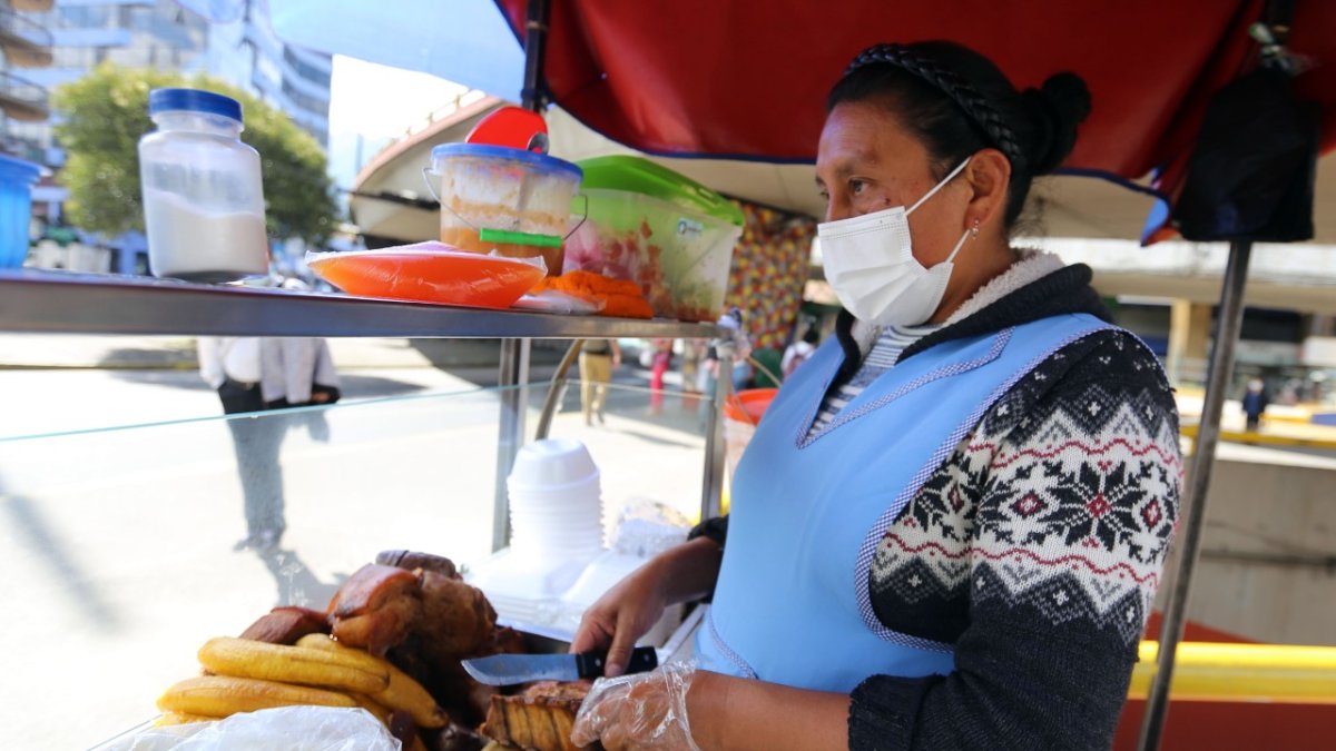Comerciante. Beatriz Quishpe vende fritada en el parque El Ejido y el cuchillo es su herramienta indispensable.