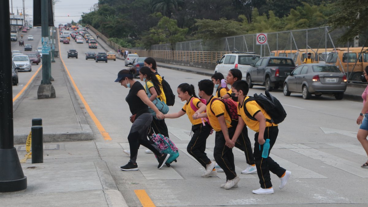 Padres y estudiantes del colegio Teniente Hugo Ortiz se lanzan a la avenida Teodoro Alvarado Oleas para ir de un carril a otro, sin tomar las debidas medidas.