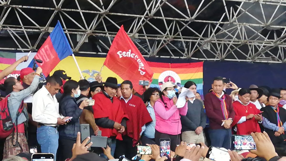 Indígenas. Leonidas Iza junto con los asambleístas 