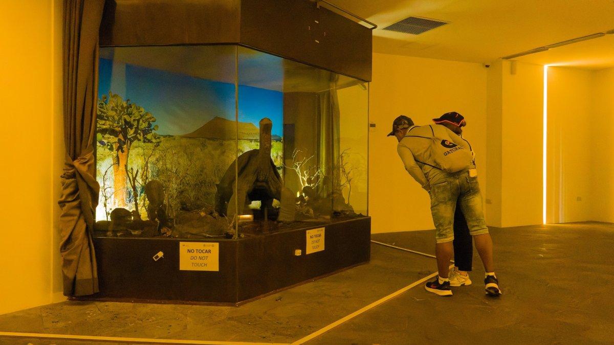 Dos turistas observan el cuerpo del Solitario George, que permanece expuesto en un lugar donde no le dé el sol y a una temperatura regulada.