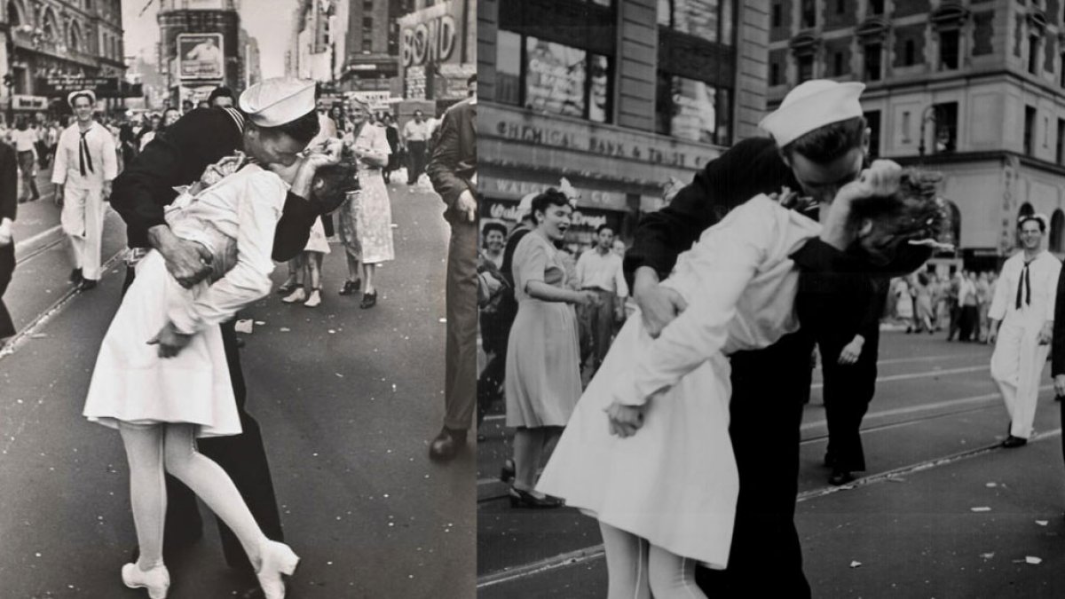 El beso más famoso de la historia, fue robado. El exmarino estadounidense, George Mendonsa, fue fotografiado besando a una desconocida en la plaza Times Square de Nueva York celebrando el fin de la contienda.