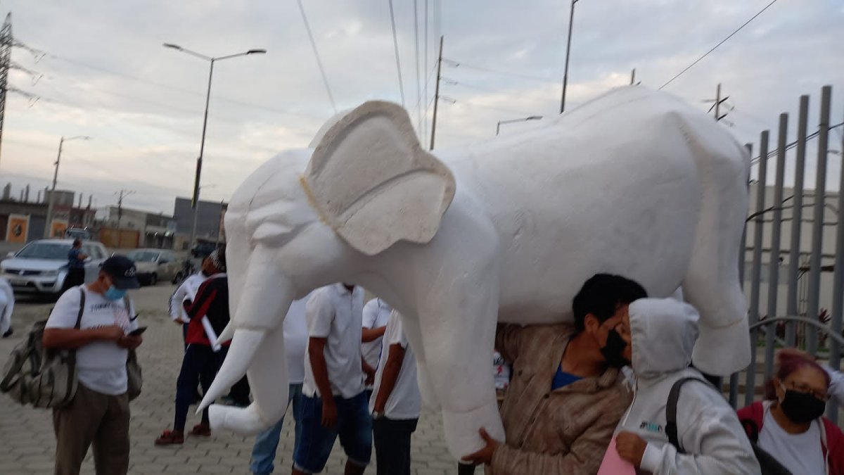 Con un monigote de elefante blanco, los habitantes protestaron en la avenida principal del cantón.