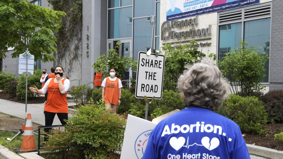 Una manifestante en contra del aborto protesta , frente la entrada del Centro Carol Whitehill Moses de la organización Planned Parenthood