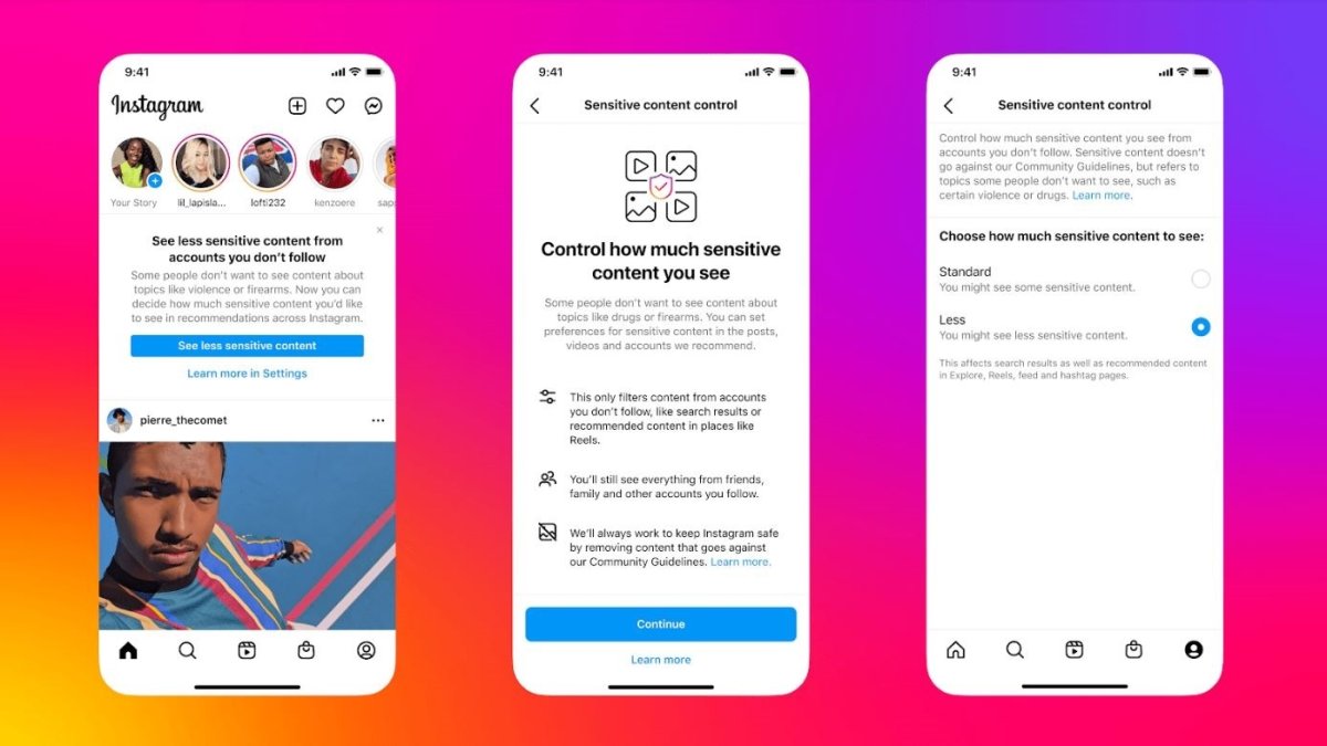 Capturas de la interfaz de Control de contenido sensible de Instagram