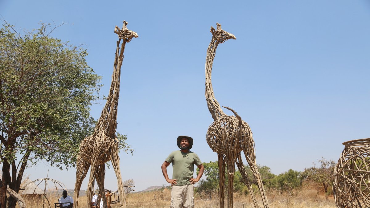 El artista Joe Zata posa junto a las esculturas de dos jirafas.