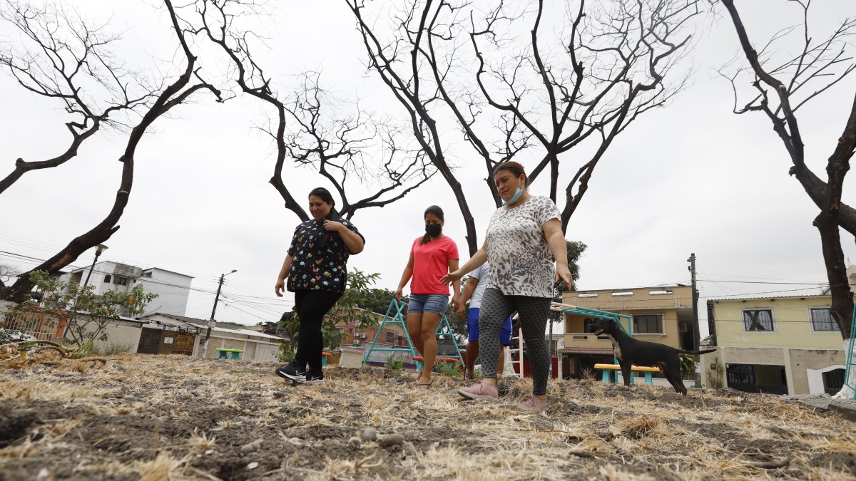 Los vecinos caminan por el piso de tierra cuarteada del parque que tratan de recuperar a través de la autogestión.
