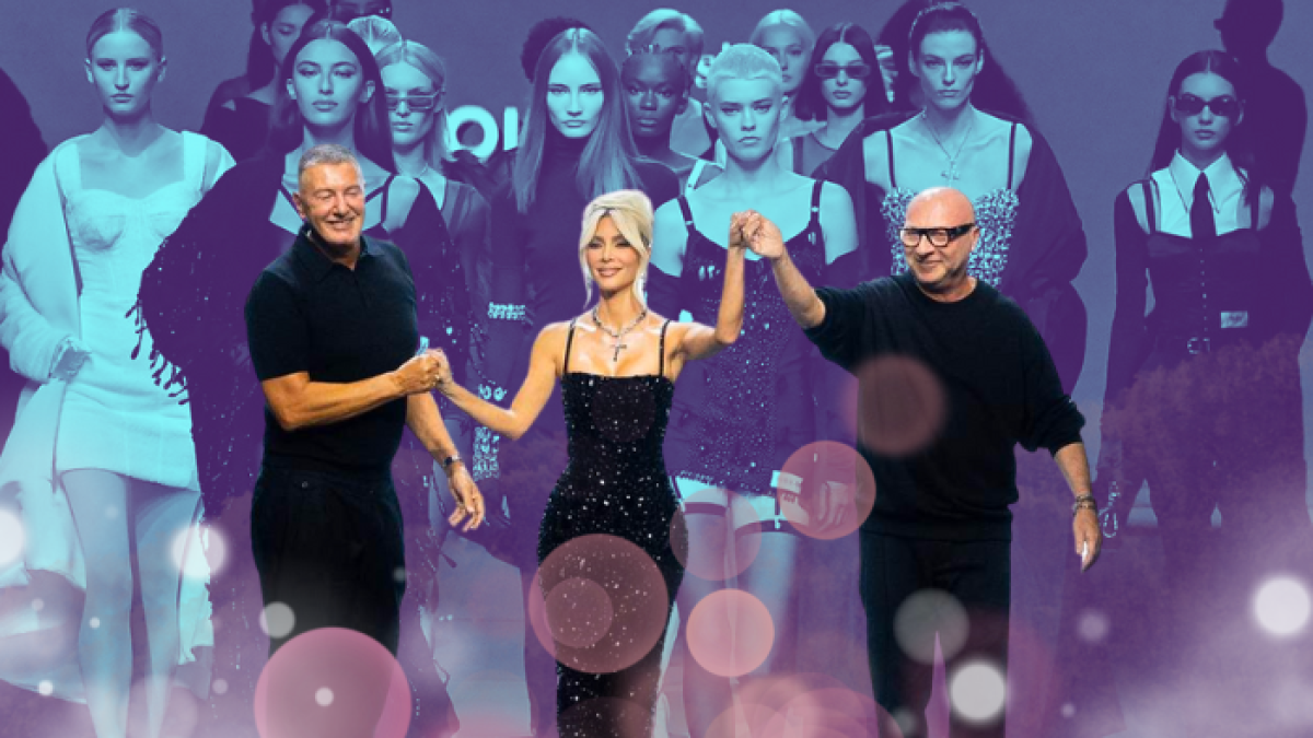 Kim Kardashian en compañía de Domenico Dolce y Stefano Gabbana en el cierre de la pasarela de la colección #CiaoKim
