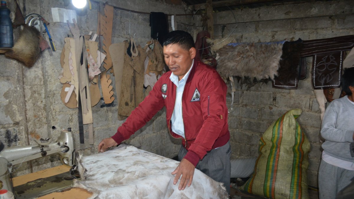 Quisapincha. Manuel Cusquillo prepara una pieza de cuero sobre la que trabajará. Habita en medio páramo.
