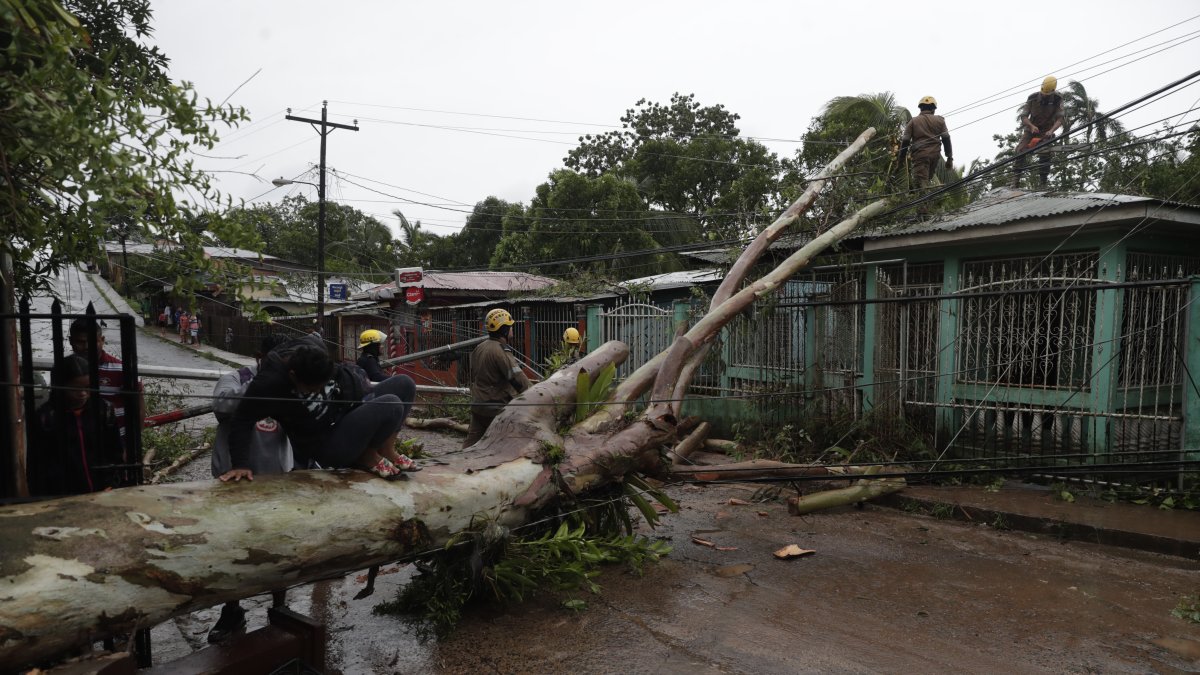 Diferentes trabajadores del Estado despejan una calle de los destrozos que dejó el paso del huracán Julia en la ciudad de Bluefield, Nicaragua.