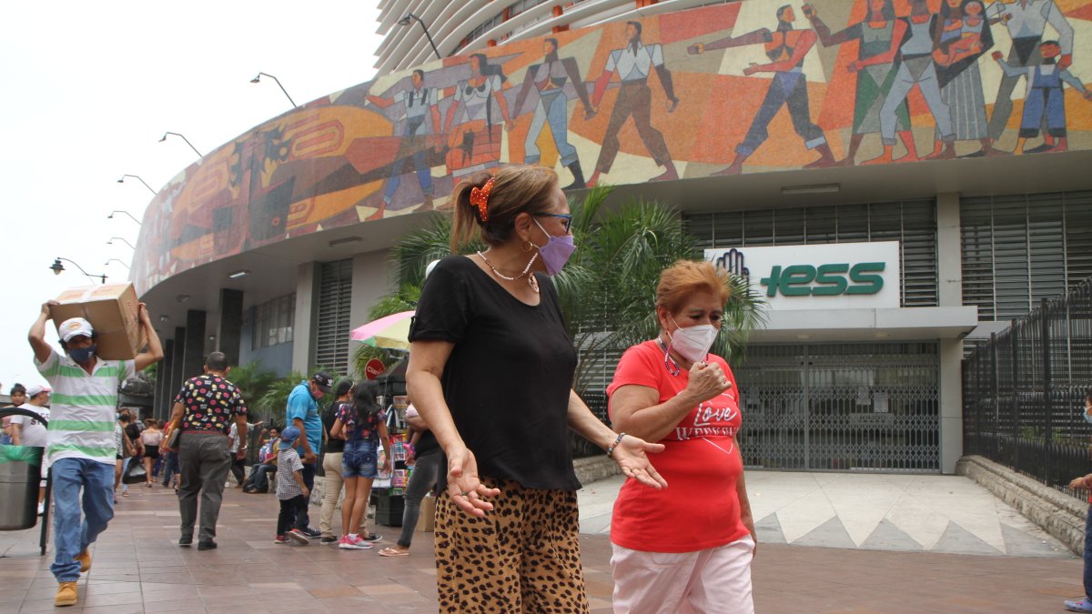 Entidad.- Personas pasan al pie del edificio de la Caja del IESS.