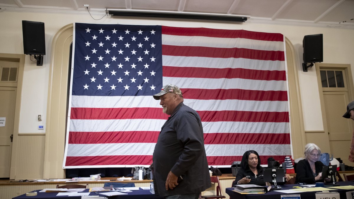 La gente espera en fila para votar el día de las elecciones en un lugar de votación en la Old Stone School en Hillsboro, Virginia