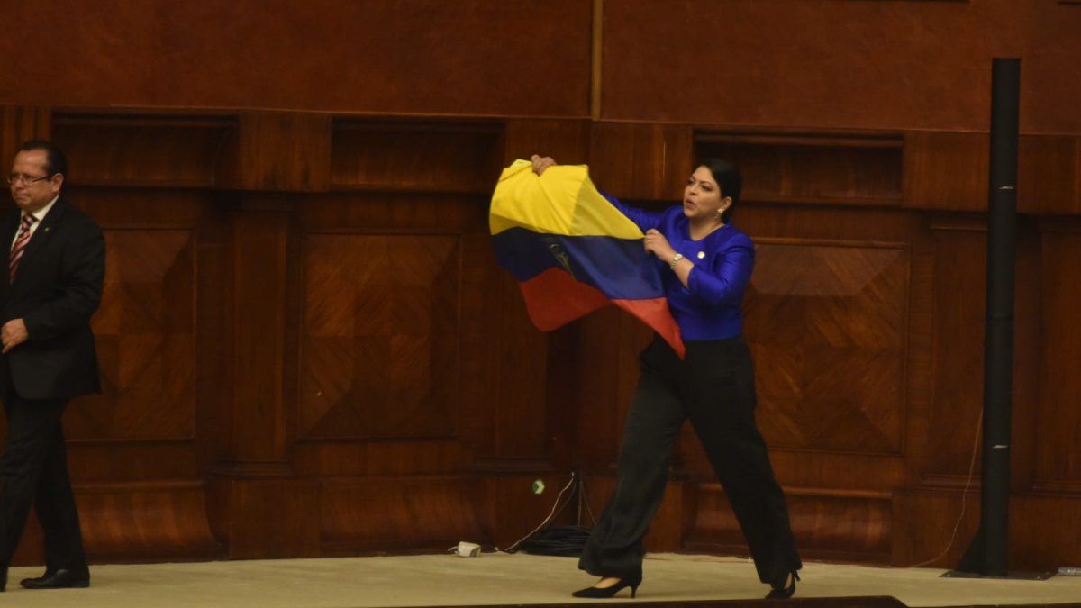Ibeth Estupiñán llegó portando una bandera de Ecuador al pleno de la Asamblea Nacional.