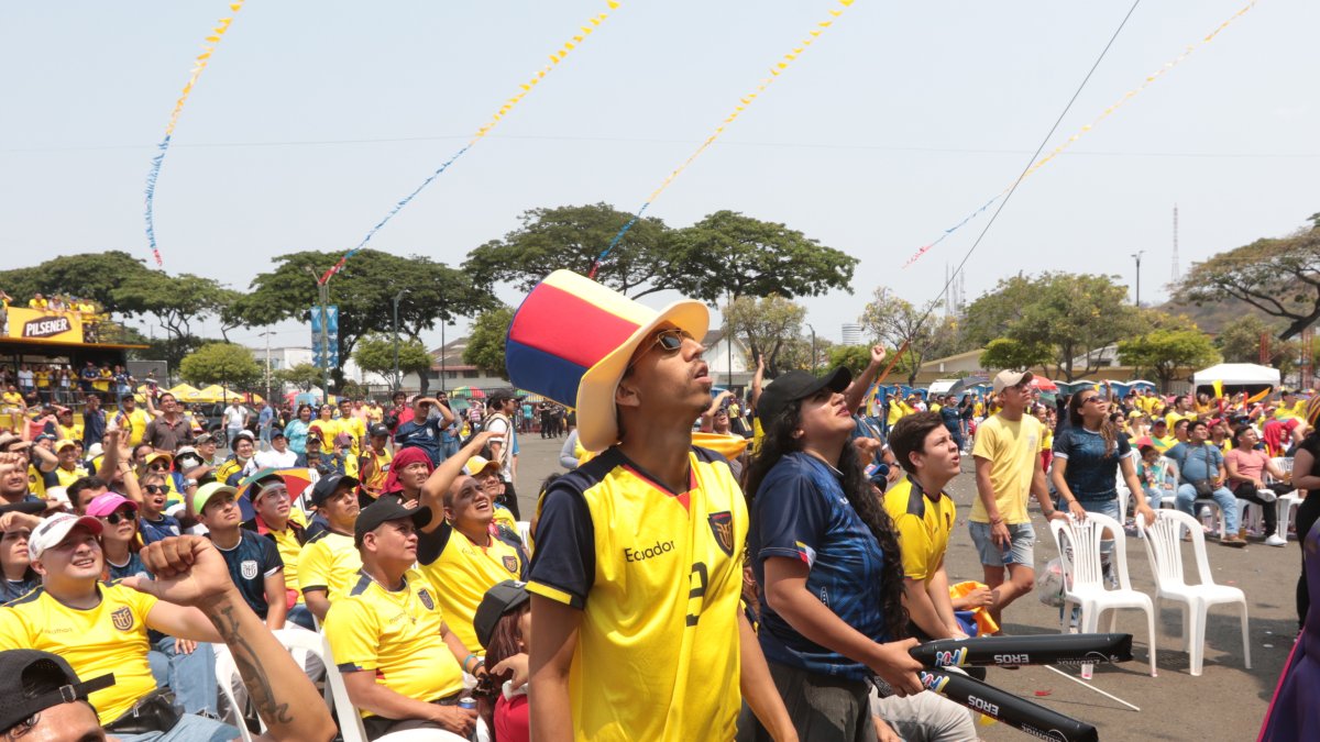 Ambiente. Hinchas vieron el partido de Ecuador contra Catar en pantallas gigantes instaladas en la explanada del estadio Modelo Alberto Spencer Herrera, Guayaquil, el domingo pasado.