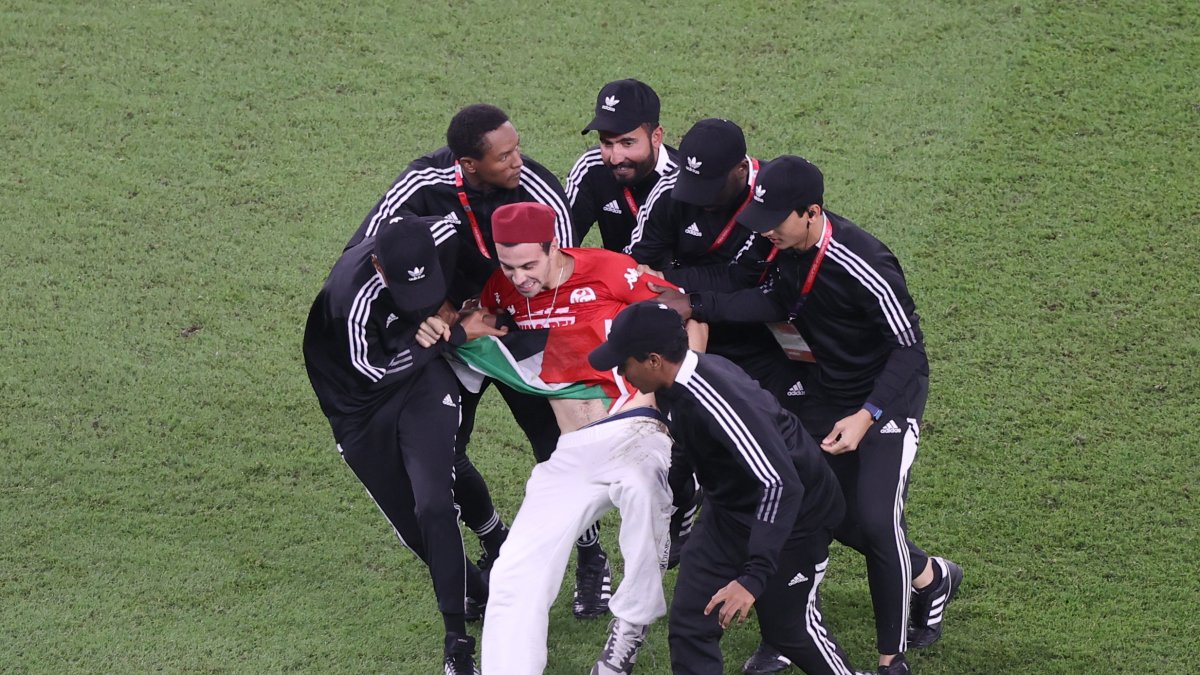 Personal de seguridad durante el partido entre Túnez y Francia, detienen a hincha que invadió el campo de juego.