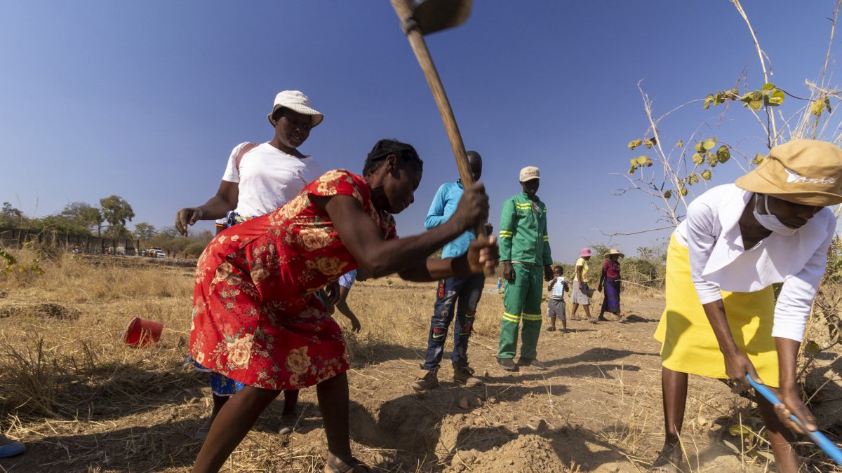 El personal prepara la tierra para el abono en un vivero de plántulas de árboles administrado por My Trees Trust en Deve, en el norte de Zimbabue.