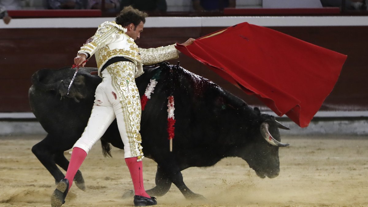 El torero español Antonio Ferrera lidia al toro Cohete de la ganadería de Salento durante la Feria de Cali, ayer en la plaza Arena Cañaveralejo, en Cali (Colombia).