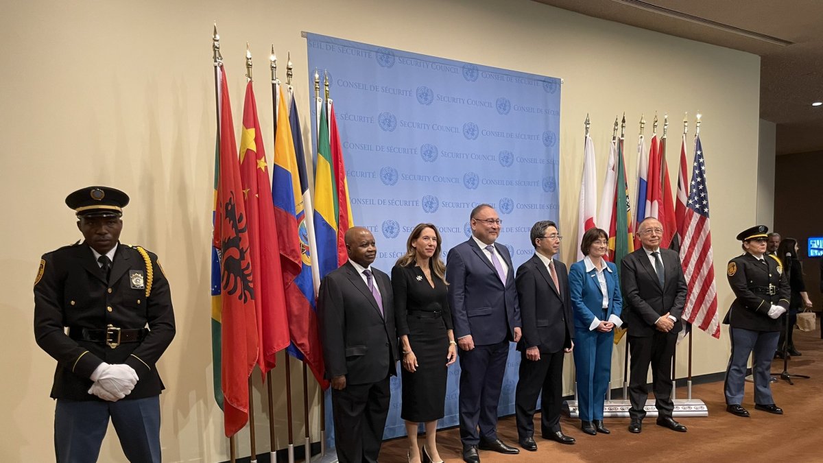 El embajador Pérez (primero de la derecha) posa junto a los otros pares que integran el Consejo de Seguridad.
