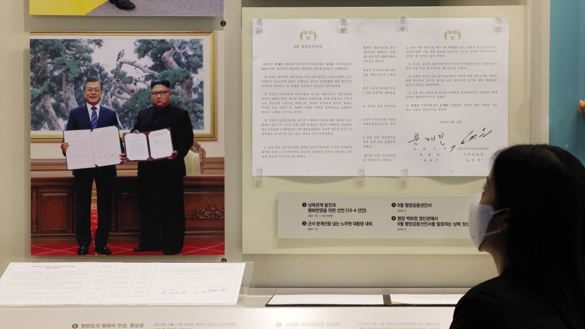 Imagen de archivo de un visitante observando el acuerdo para reducir tensiones militares que Seúl firmó con Pionyang en 2018. /YONHAP SOUTH KOREA 