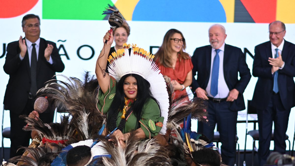 La nueva ministra de los Pueblos Indígenas de Brasil, Sonia Guajajara, en Brasilia (Brasil).   EFE/  