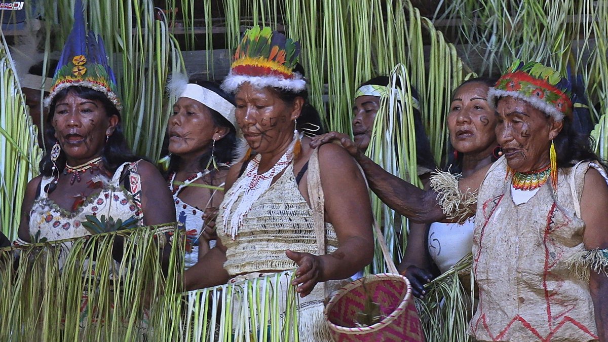Indígenas de la etnia Uitoto bailan durante una ceremonia, el 26 de enero de 2023, en La Chorrera (Colombia). EFE/ Juan