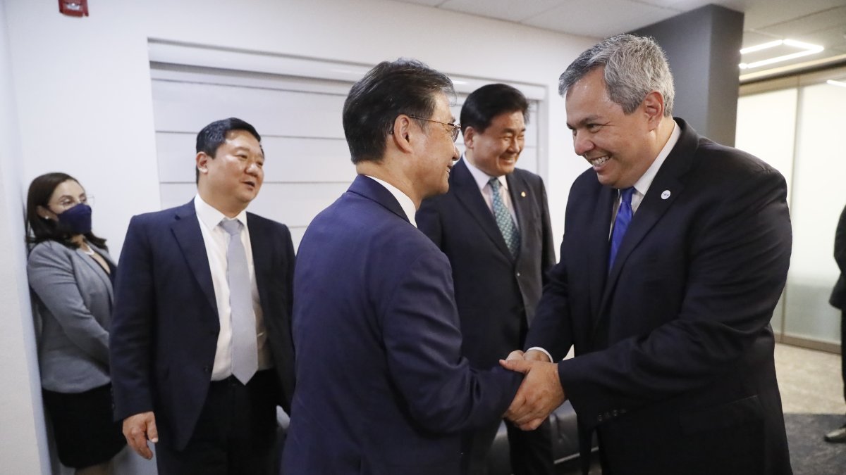 El presidente del Banco Centroamericano de Integración Económica (BCIE), Dante Mossi (d), saluda al diputado coreano Dong Soo, Yoo, durante una reunión  en Tegucigalpa (Honduras). EFE/r