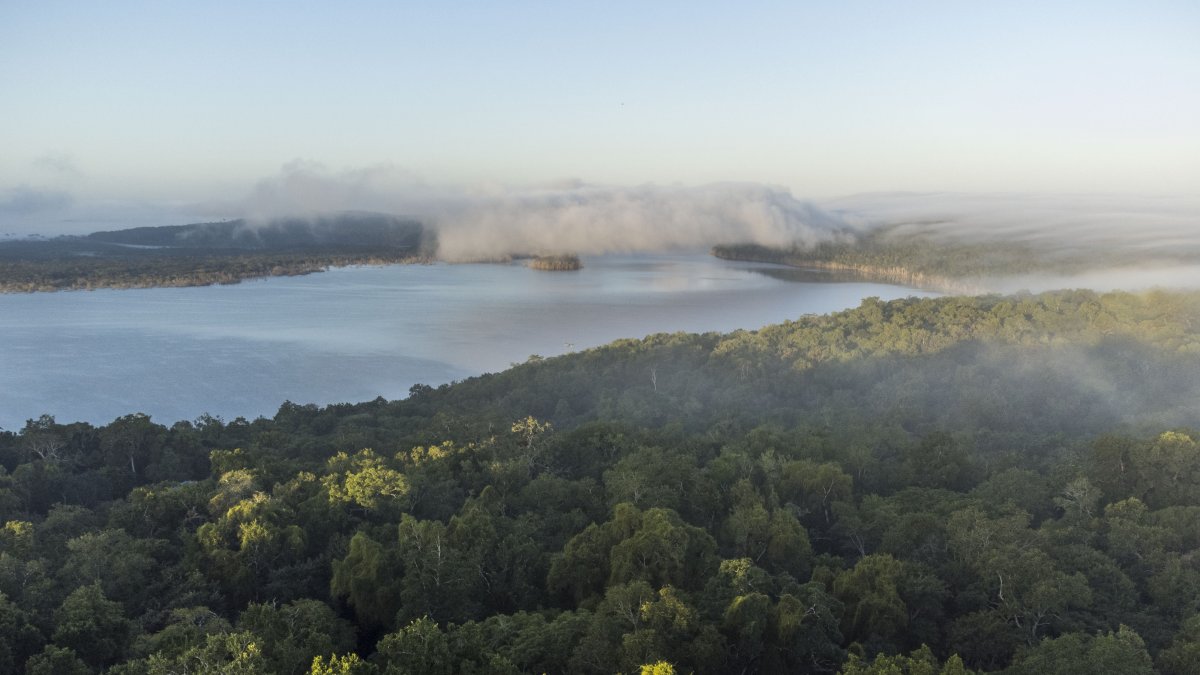 Fotografía panorámica de la laguna Yaxhá en la selva de Petén donde se albergan animales y el parque arqueológico de Yaxhá, el 02 de febrero de 2023 en Petén (Guatemala).  