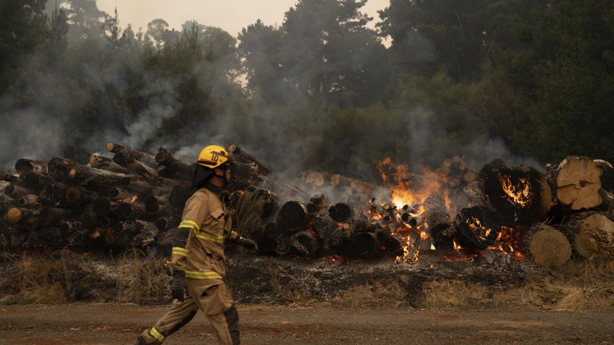 Bomberos trabajan para extinguir un incendio, este 7 de febrero de 2023, en Santa Juana, región de Biobío (Chile).