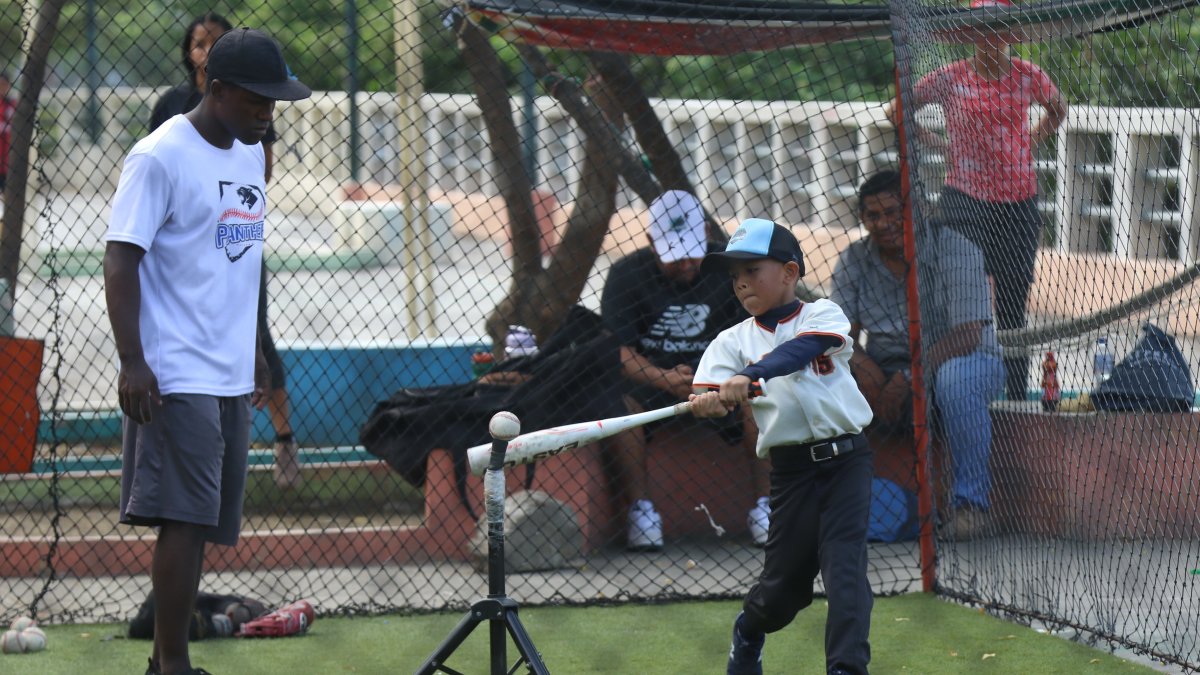 El trípode de un parlante de música hace las veces del batting tee, la base para perfeccionar el movimiento del bateo, que se robaron.