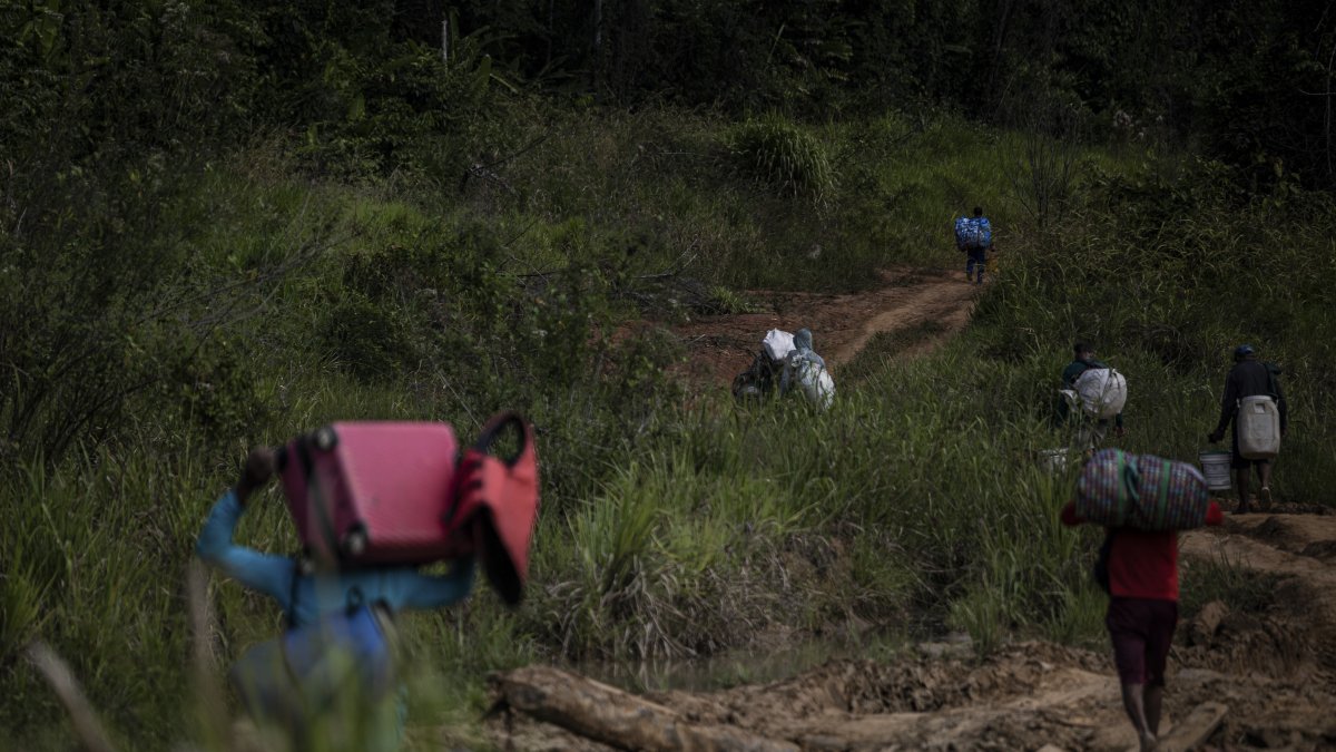 Varias personas caminan por un sendero, el 7 de febrero de 2023, en el estado amazónico de Roraima, en Alto Alegre (Brasil).