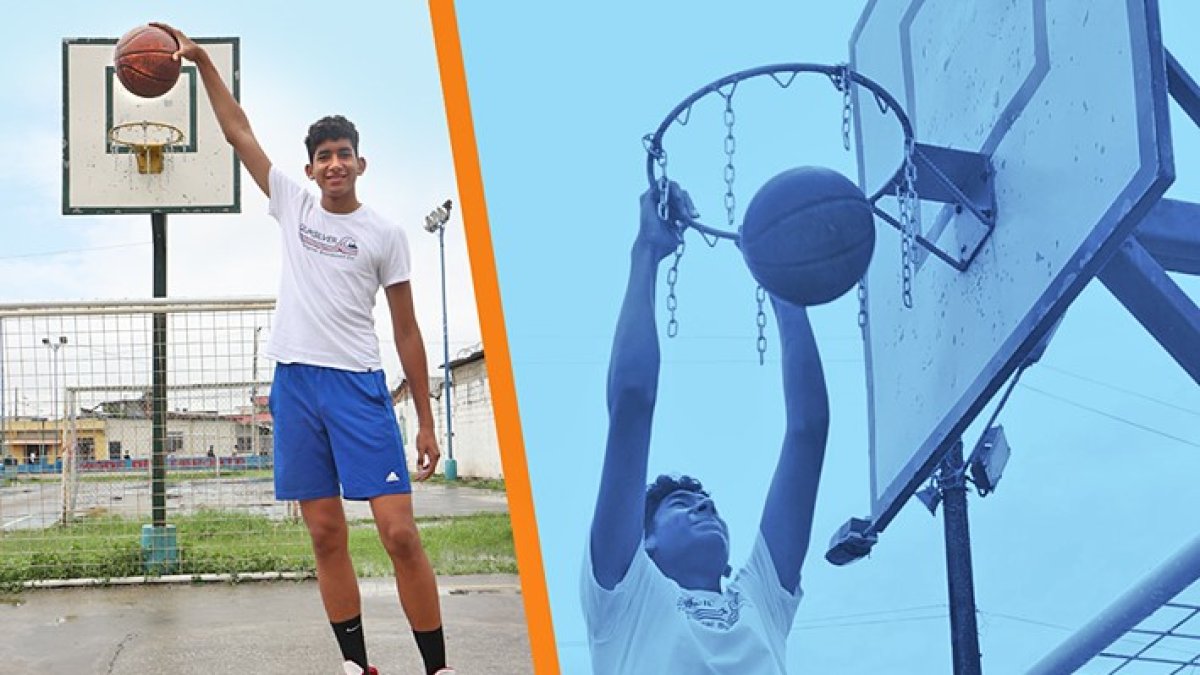 La estatura de 2,05 m de Paulo sobrepasa los 2,14 con la mano alzada. Fácil llega al aro de baloncesto.