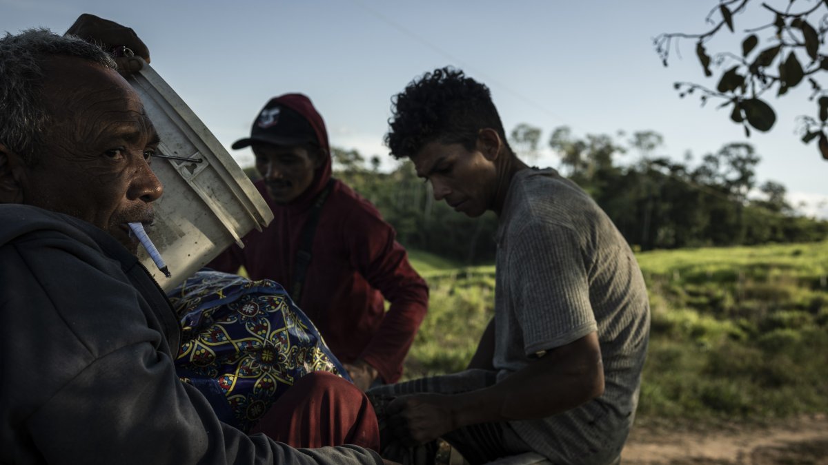 Fotografía de archivo fechada el 7 de febrero de 2023, que muestra a mineros ilegales mientras viajan en un camión en su huida de la reserva yanomami,