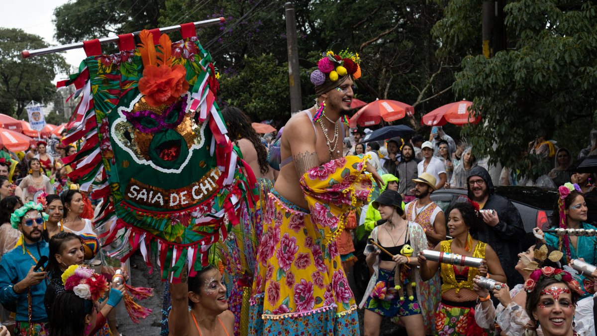 Miembros de la comparsa callejera 'Saia de Chita' celebran durante el domingo de carnaval hoy, en de la ciudad de Sao Paulo (Brasil).