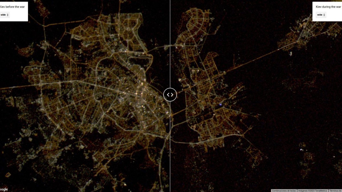 A la izquierda, Kiev antes de la guerra y a la derecha, Kiev durante la guerra.
