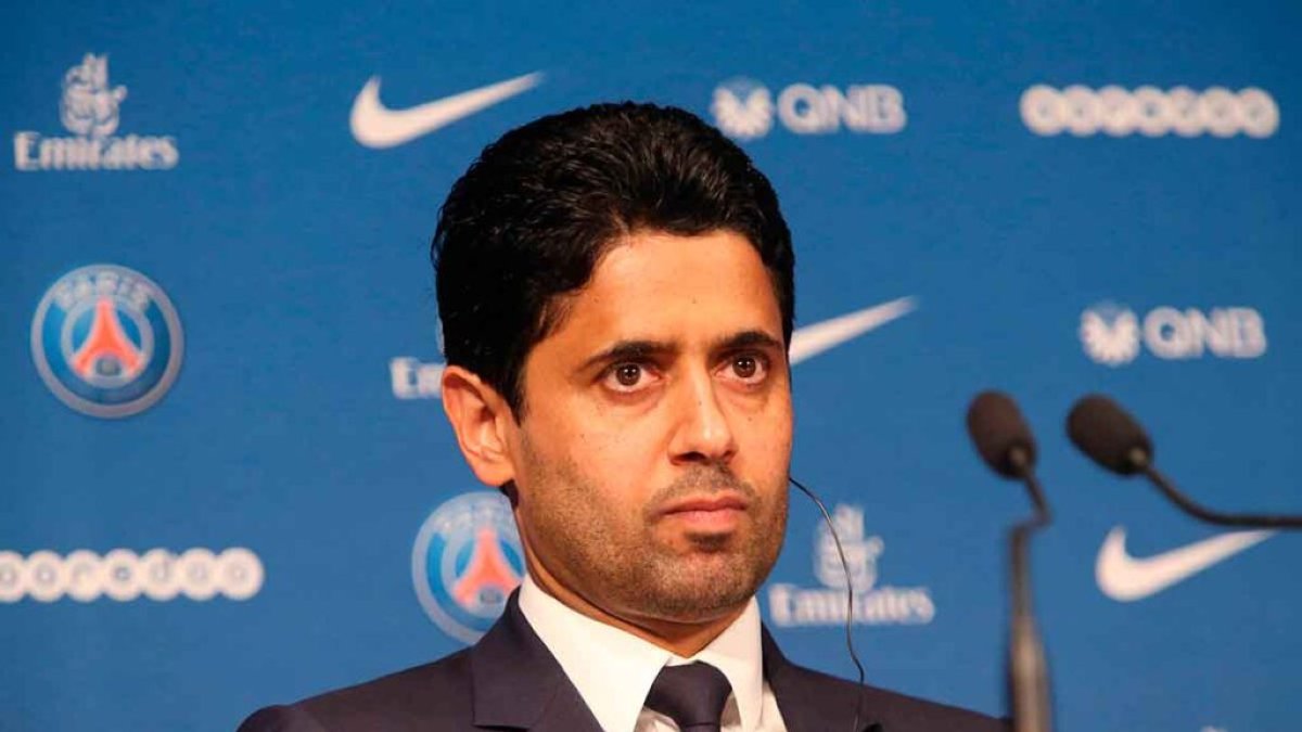 Nasser Al Khelaifi en rueda de prensa con el PSG.