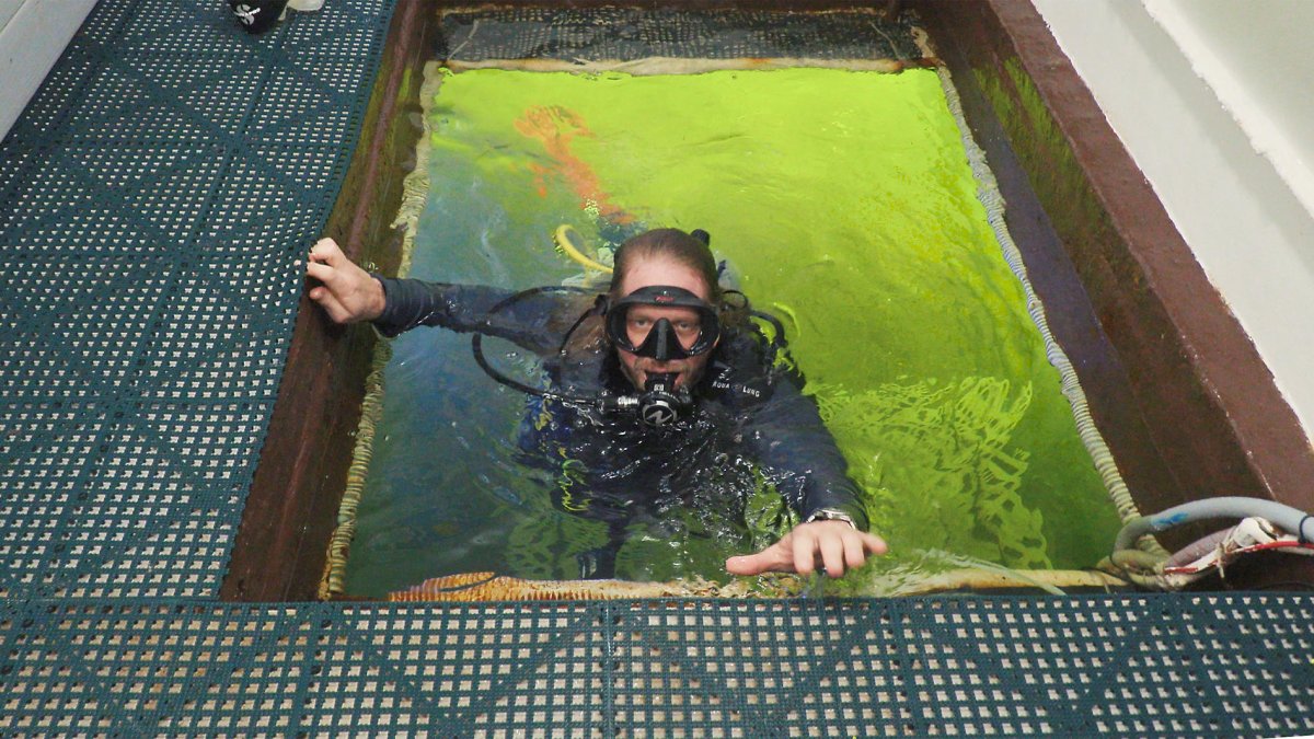 Fotografía cedida por la Oficina de Noticias de los Cayos de Florida donde aparece el investigador Joseph Dituri mientras ingresa, el miércoles 1 de marzo al albergue submarino Jules Undersea Lodge, en Key Largo, Florida (EEUU).