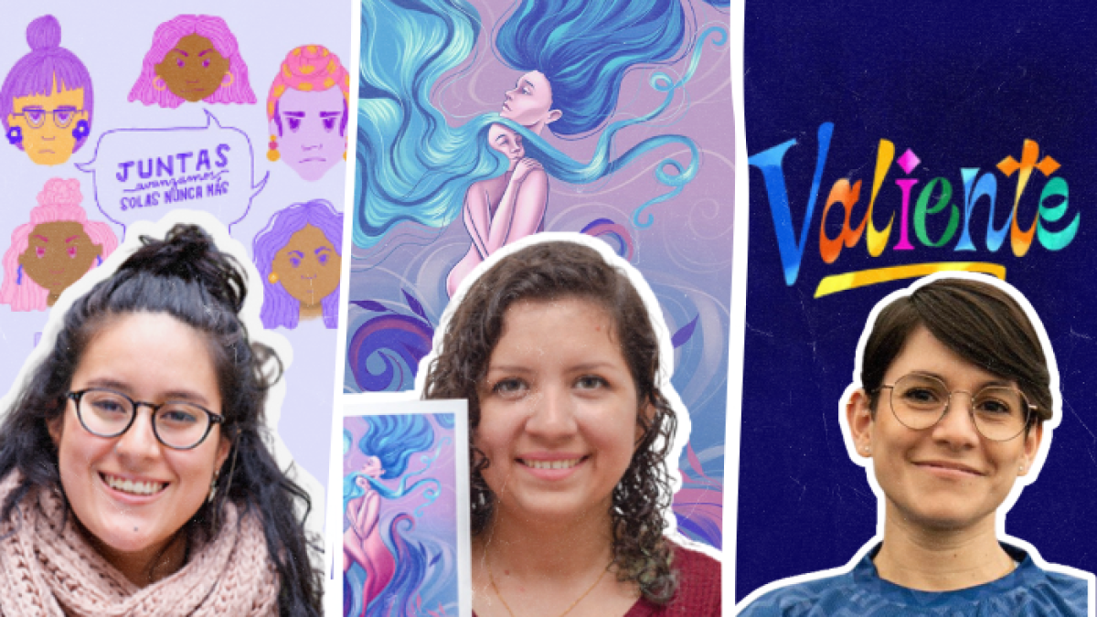 Monse Navas, Luisa Carrasco y Daniela Santibáñez junto a sus diseños.