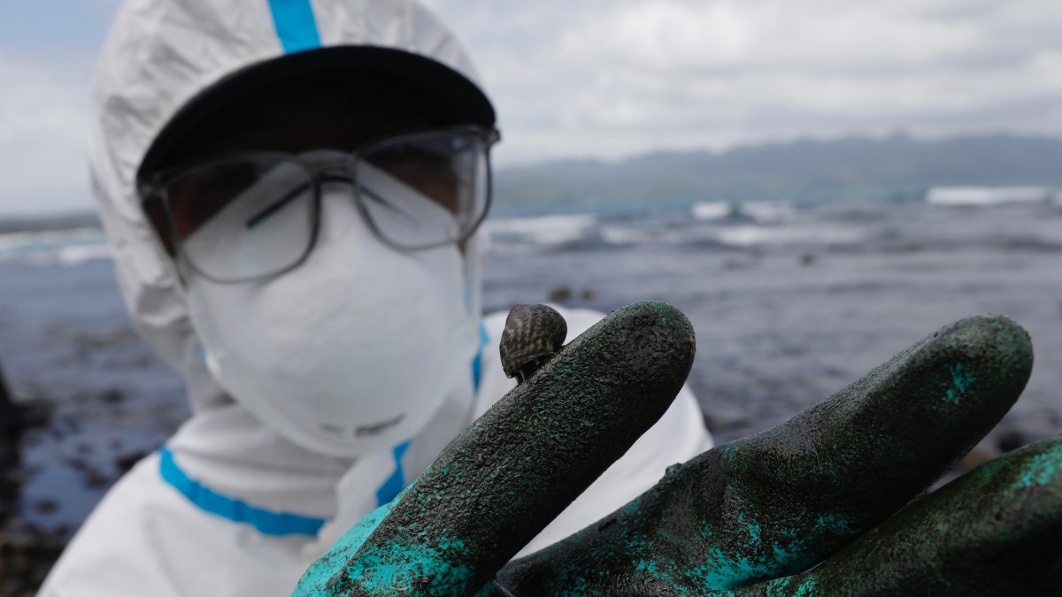 Un pescador con un traje protector muestra el vertido de petróleo que asola las costas de Pola, en la isla de Mindoro, Filipinas, este lunes 6 de marzo
