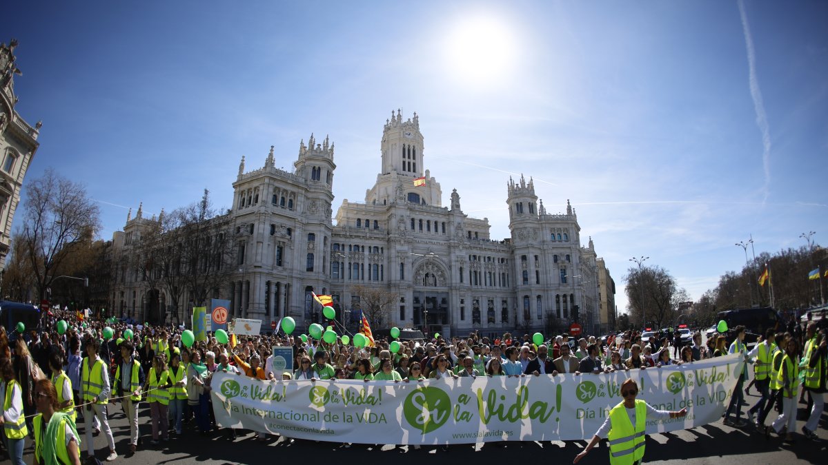 Los manifestantes contra el aborto, delante del Ayuntamiento de Madrid