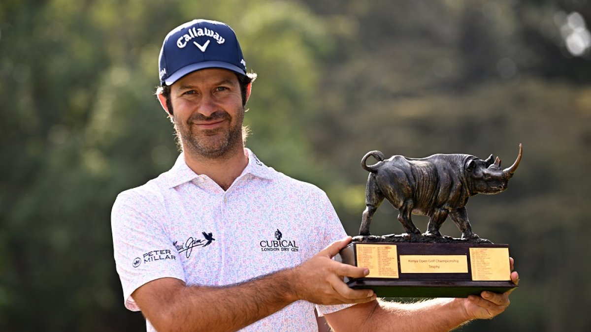 Jorge Campillo of Spain with the winners trophy after the final round of the Magical Kenya Open Presented by Absa at Muthaiga Golf Club on March 12, 2023 in Kenya.