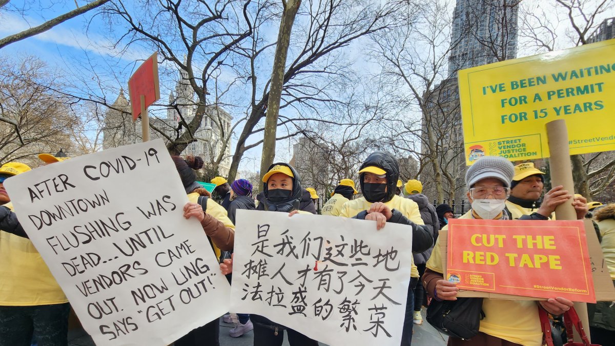 Decenas de vendedores ambulantes, de diversos grupos étnicos, sostienen carteles en varios idiomas con sus demandas durante una protesta relizada hoy frente a la Alcaldía de Nueva York.