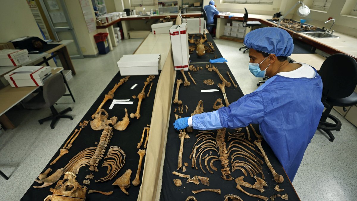 Médicos del servicio forense de Medicina Legal de Colombia fueron registrados al trabajar en la identificación de restos óseos humanos en Bogotá (Colombia).