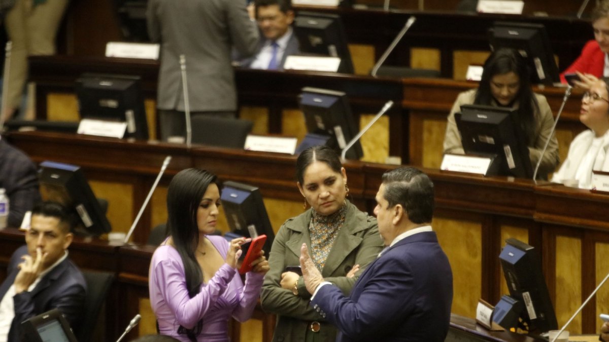 Contradicción. Mireya Pazmiño conversa con sus aliados en el Pleno. ¿Le preguntan por qué apoyó un contrato incurso en peculado?